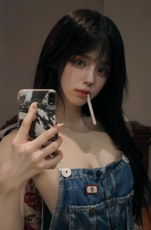 korean, Kizi, Bblack hair, large lips, cigarette in the mouth