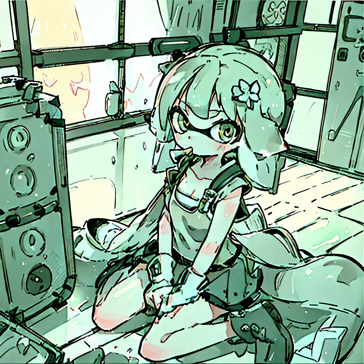 masterpiece, Hand-drawn, Pop illustrations, Pop colors, pastel colour, colorful, ((From above))、 ((Splatoon Girl:1.2)), high school girl, Golden Eyes、gigantic breast、Cleavage、 smile、blush、Sitting、On the way to change clothes、((Wide angle shot in a room、large room、Large windows))、Eating ice cream, Sounds like fun,Highest quality、High resolution、部屋にSitting、机にSitting、Looking out the window、((Inside the girl's cute room、The room is spacious and the girl is small.、Beautiful depiction of girls))、Fisheye Lens