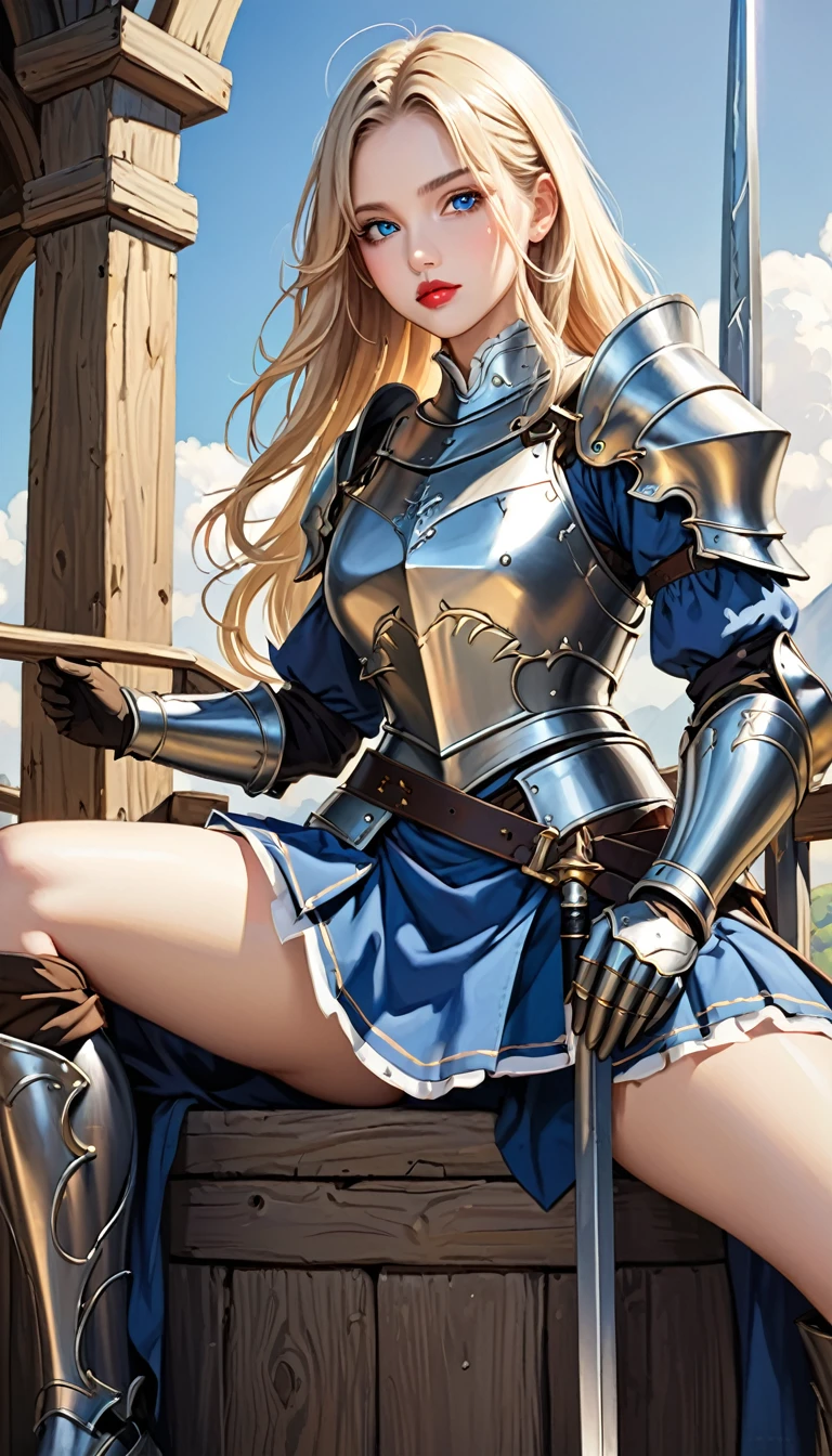 highest quality、16K high resolution、Super detailed、masterpiece、Live shooting、realistic:1.4、hyper realism:1.4、sharp focus、very delicate and beautiful、small details、1 female、(european:1.2)、(blonde warrior girl)、(spread your legs:1.3)、(white panties:1.3)、(cameltoe:1.1)、 (sitting)、(super beautiful)、(beautiful face:1.5)、(plate armor)、(detailed face)、(fine and beautiful eyes)、blue eyes、(detailed lips)、Lipstick、(eyeliner)、mascara、eye shadow、(steel breastplate, steel gauntlets)、 medieval fantasy、(blue mini skirt)、