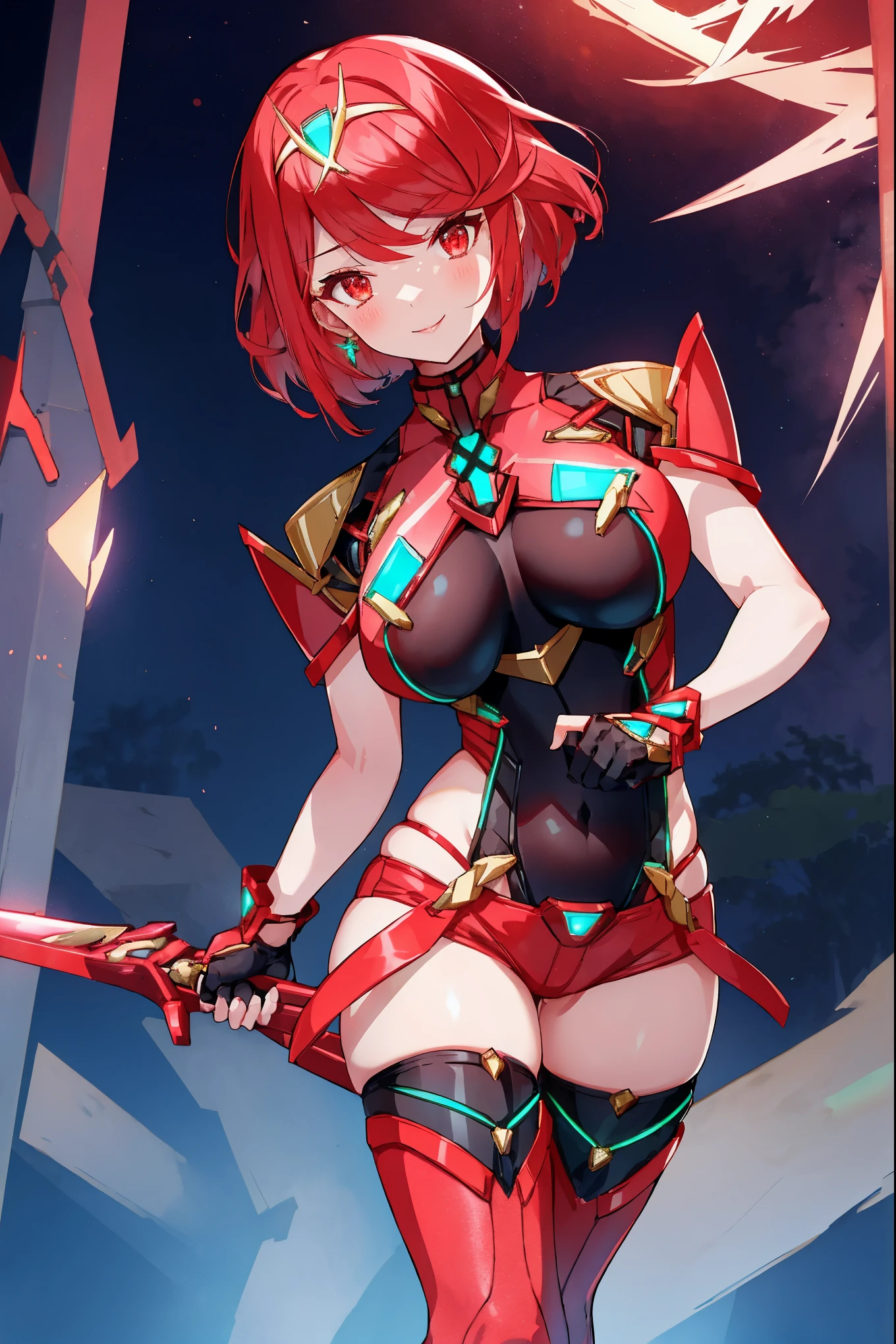 pyra \(xenoblade\), young__1girl, armor, bangs, black gloves, breasts, red eyes, closed mouth, earrings, eyelashes, fingerless gloves, floating hair, framed breasts, gem, gloves, hair ornament, headpiece, jewelry, big_breasts, leaning back, leotard, neon trim, official art, pose, red hair, red shorts, saitou masatsugu, short hair, short shorts, short sleeves, shorts, sidelocks, skin tight, solo, standing, swept bangs, thighhighs, tiara, night_prairie_background, turtleneck, underbust, vambraces, xenoblade chronicles \(series\), (xenoblade chronicles 2), apart_legs, fire_effect,dynamic_pose_fighting,light_smile, (plump:1.1), big_ass,huge_sword, hold_large_sword_hilt, solo, covered_nipples, covered_pussy,