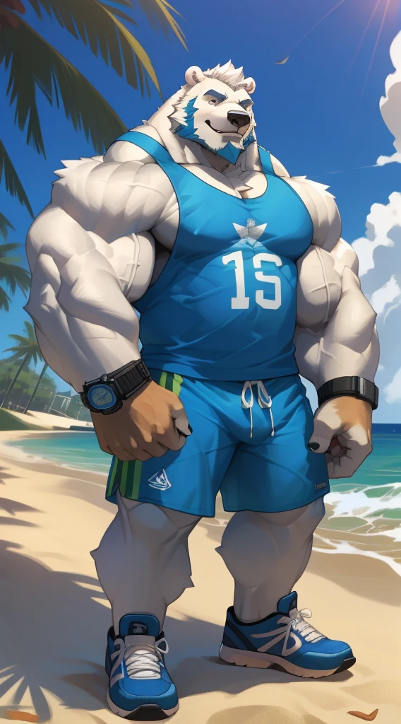 huge muscular polar bear in street city, big smile, polar bear, huge white fur, thick arm, huge arm, bearded. white hair and beard, bearded, (muscular, pectoral, wide pectoral, thick arms), beach, palm, realistic, 8k, masterpiece, (wearing blue gym shorts, wristbands, watch and blue tank top, gym shoes)