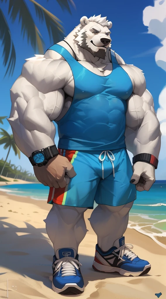 huge muscular polar bear in street city, big smile, polar bear, huge white fur, thick arm, huge arm, bearded. white hair and beard, bearded, (muscular, pectoral, wide pectoral, thick arms), beach, palm, realistic, 8k, masterpiece, (wearing blue gym shorts, wristbands, watch and blue tank top, gym shoes)