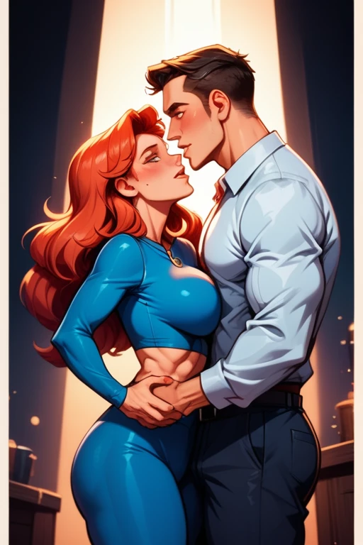 An 'attractive "blonde man" with chiseled features and rippling muscles' embraces a 'stunning "red-haired woman" with a voluptuous figure and an hourglass shape'. They are locked in a passionate embrace, their bodies glistening with sweat as they become one. The woman's large breasts press against the man's muscular chest, while his powerful arms hold her close. The scene is set in a Disney-style CGI environment, with vibrant colors and fantastical imagery surrounding them. Their expressions convey pure ecstasy, as if they are lost in their own world of pleasure; best quality; trending on artstation; dark room with complex volumetric lighting; strong shadows; artistic lighting; dynamic; energetic vibe; realistic skin; specular highlights; micro-textures; highly detailed hair;