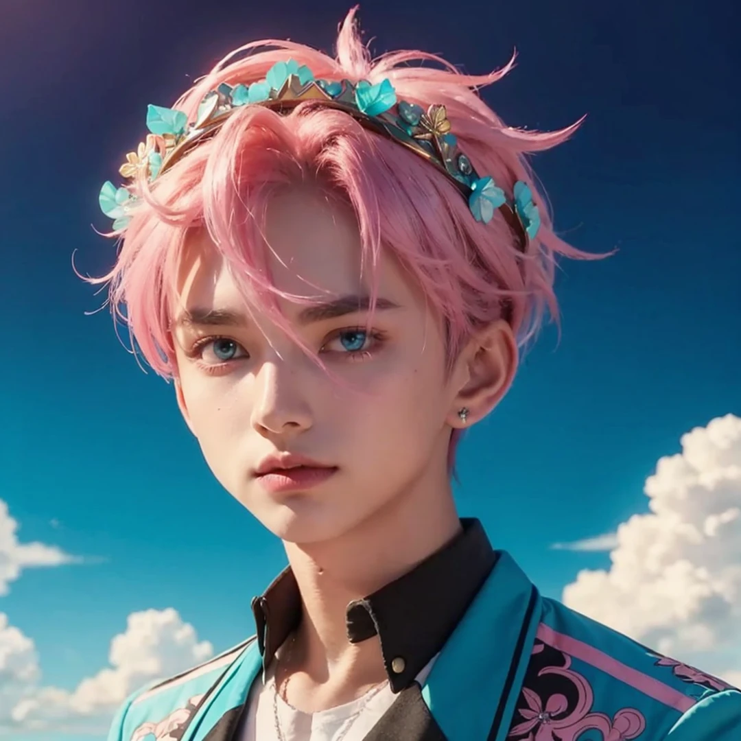 Handsome boy, pink hair, turquoise eyes, wearing turquoise crown, wearing blue jacket with black and pink color