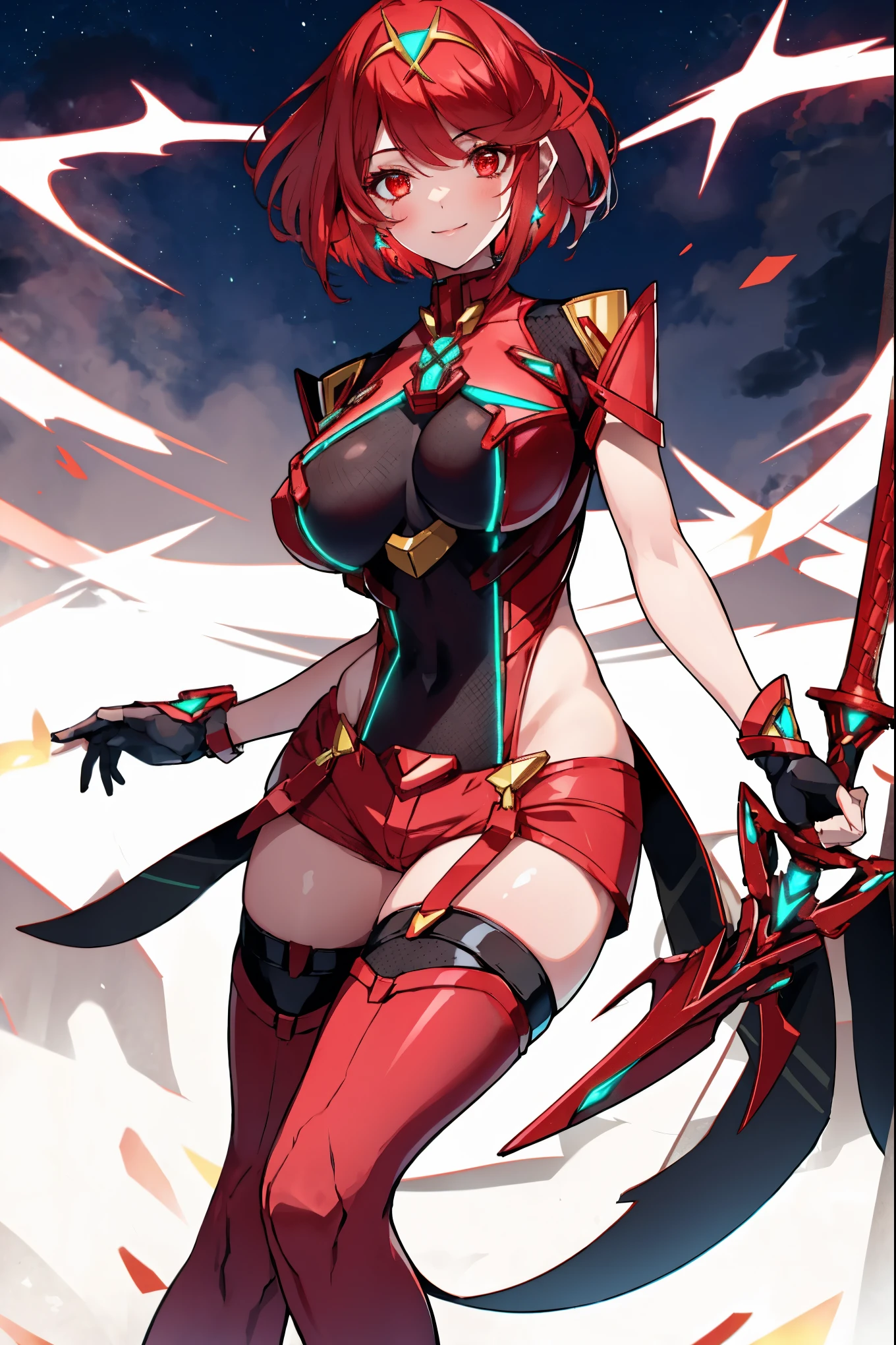 pyra \(xenoblade\), young__1girl, armor, bangs, black gloves, breasts, red eyes, closed mouth, earrings, eyelashes, fingerless gloves, floating hair, framed breasts, gem, gloves, hair ornament, headpiece, jewelry, big_breasts, leaning back, leotard, neon trim, official art, pose, red hair, red shorts, saitou masatsugu, short hair, short shorts, short sleeves, shorts, sidelocks, skin tight, solo, standing, swept bangs, thighhighs, tiara, night_prairie_background, turtleneck, underbust, vambraces, xenoblade chronicles \(series\), (xenoblade chronicles 2), apart_legs, fire_effect,dynamic_pose_fighting,light_smile, (plump:1.1), big_ass,huge_sword, hold_large_sword_hilt, solo, covered_nipples, covered_pussy,