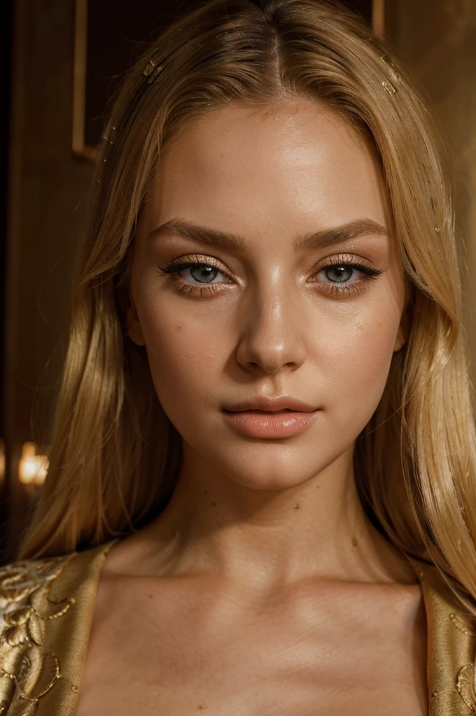 a beautiful blonde girl in a golden bathrobe in a luxury hotel, detailed beautiful eyes, detailed beautiful lips, extremely detailed face, long eyelashes, elegant pose, photorealistic, 8k, high quality, masterpiece, intricate details, warm lighting, atmospheric, cinematic, dramatic, elegant, glamorous, photo portrait