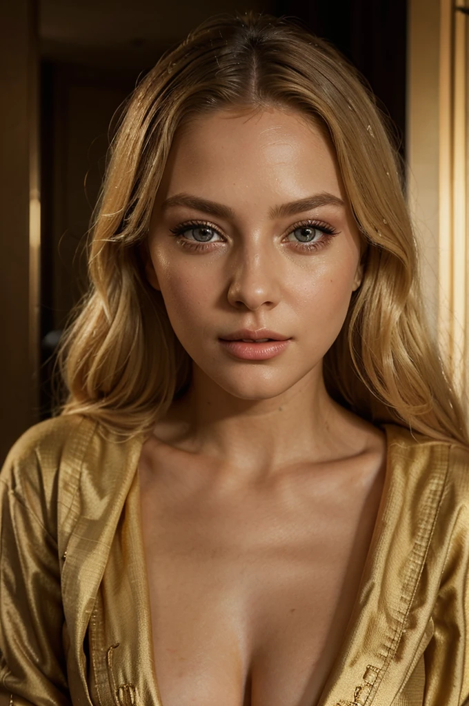 a beautiful blonde girl in a golden bathrobe in a luxury hotel, detailed beautiful eyes, detailed beautiful lips, extremely detailed face, long eyelashes, elegant pose, photorealistic, 8k, high quality, masterpiece, intricate details, warm lighting, atmospheric, cinematic, dramatic, elegant, glamorous, photo portrait