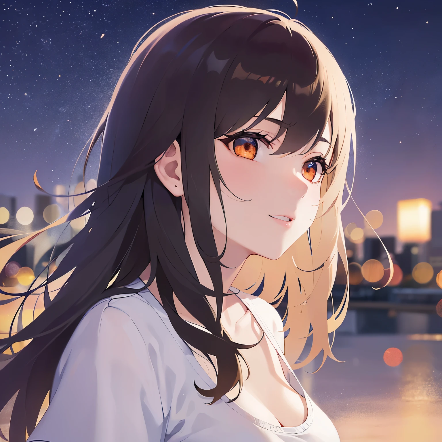 look far away,upper body,profile、
 Realistic, real person, (pale skin: 1.2), RAW photo, photorealistic, shiny skin, shiny hair、
(A 25-year-old woman with medium-length hair and bangs) and (wavy hair) and (brown hair) and (Orange Eyes)、(white) and (T-Shirts)、（Cleavage：1.5）、
smile,Midnight in the Park、Night Sky