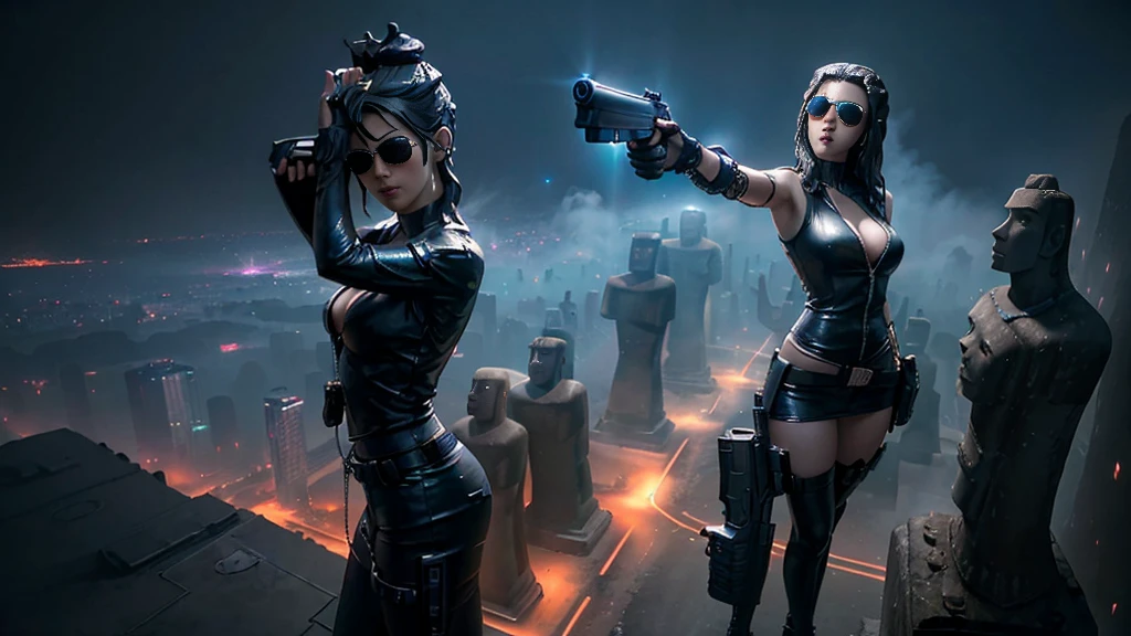 At night, dark sky, aerial view of fantasy cyberpunk style ((Moai-statue)) city, ((flying vehicle)). ((1girl, solo, alone)), photo realistic, medium-breast:1.1 slim body, cleavage, sexy clothes, (black sunglasses), (((hip-up standing and pistol aiming pose))), half-body thigh level medium shot, cinematic lighting.