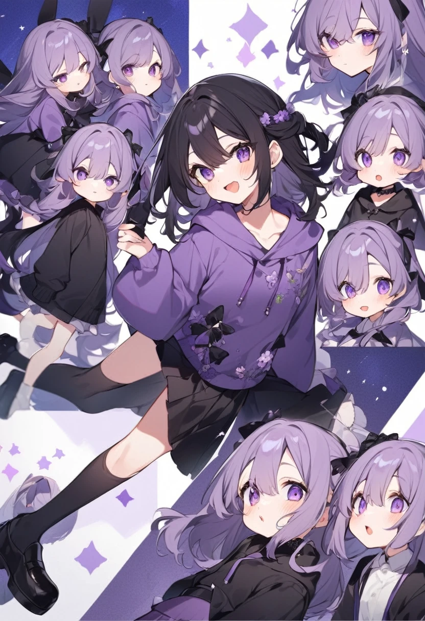 Keito。Purple hoodie。Black Skirt。Purple Eyes。Black Hair。Black shoes下。Black shoes。6 sistery eldest daughter has lavender hair.。all female。Sextuplets