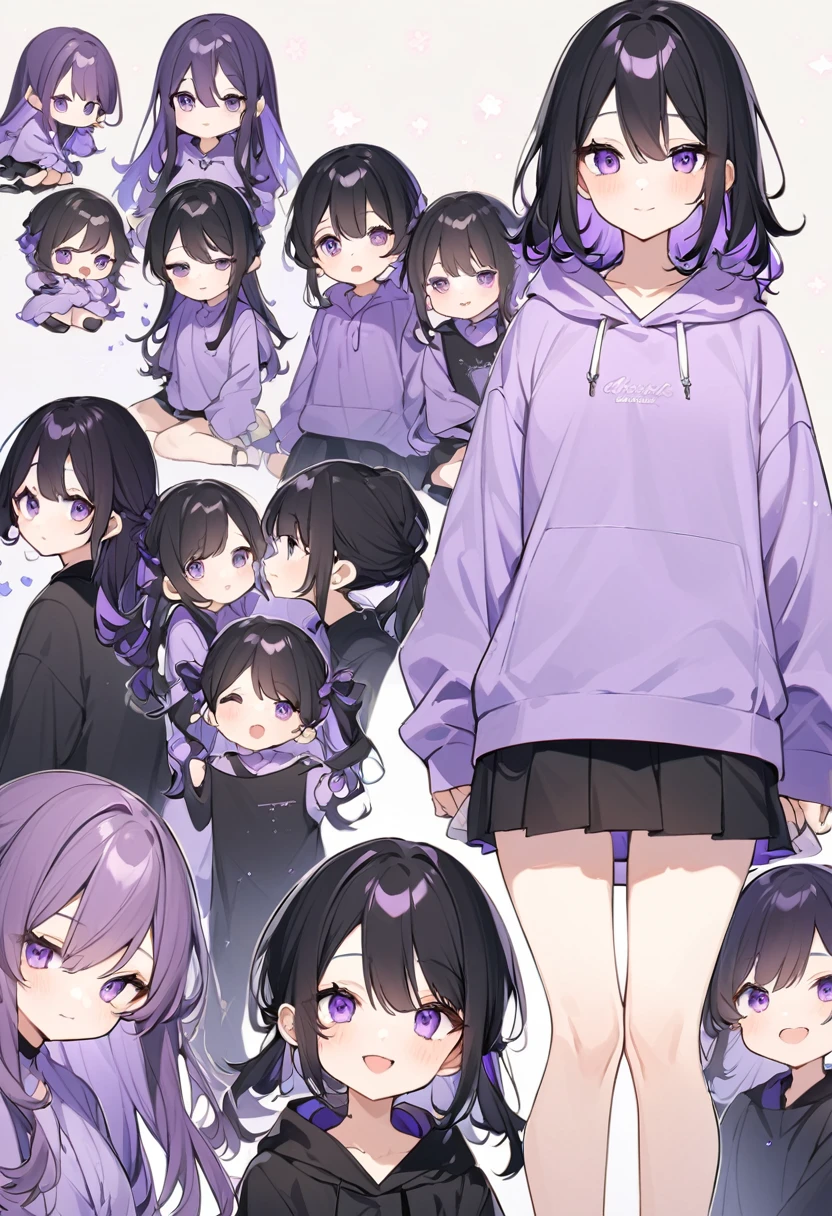 Keito。Purple hoodie。Black Skirt。Purple Eyes。Black Hair。Black shoes下。Black shoes。6 sistery eldest daughter has lavender hair.。all female。Sextuplets
