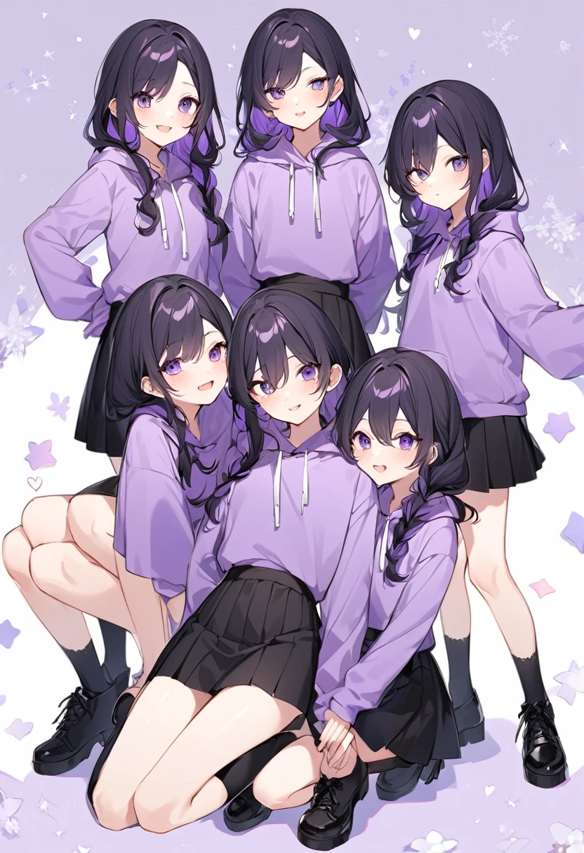 Keito。Purple hoodie。Black Skirt。Purple Eyes。Black Hair。Black shoes下。Black shoes。6 sistery eldest daughter has lavender hair.。all female。Sextuplets