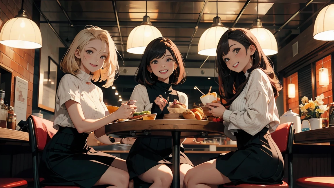 Three women eating in a retro restaurant, smiling happily, long skirts, modest clothing, popular clothing for women, legs not spread, attention paid to facial features and fingertips