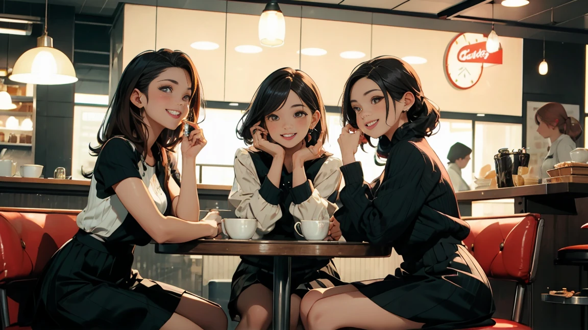Three women eating in a retro restaurant, smiling happily, long skirts, modest clothing, popular clothing for women, legs not spread, attention paid to facial features and fingertips