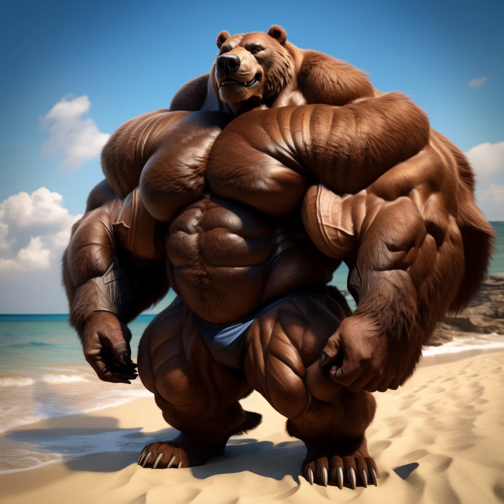 realistic, hyper realistic, detailed muscle,(furry brown grizzly bear), good anatomy, masterpiece, art winner, beach, extremely huge muscular, massive muscular, full-body, well-muscled old man. ((extremely muscle size, super thick arms, huge pec, extremely wide pectoral, brown fur, huge arms)). and add details to make it attractive and interesting. Add textures and details to make the image more realistic, Make sure the resulting image is high resolution, 8K quality."