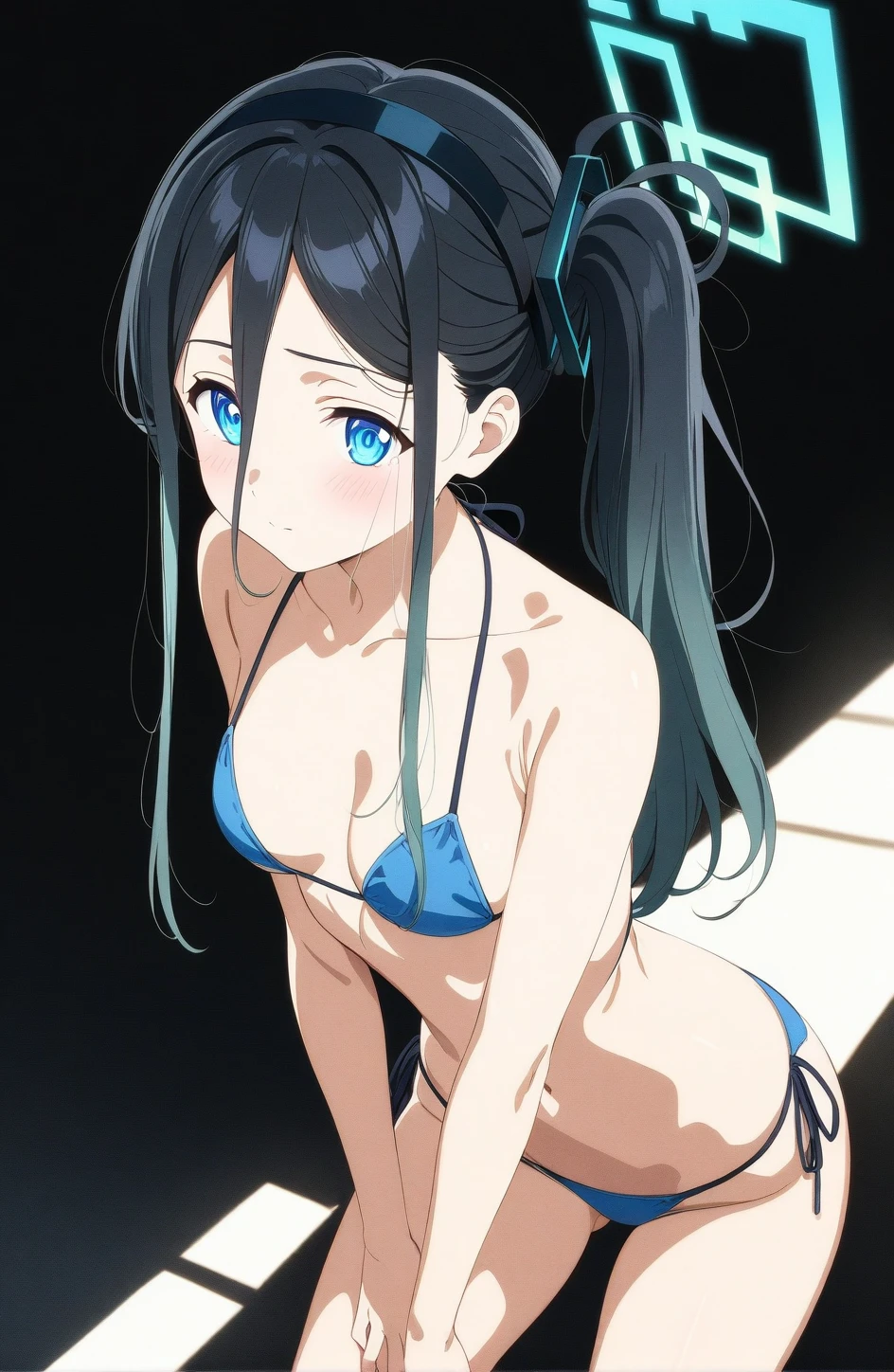 best quality, amazing quality, very aesthetic, absurdres, (1girl, aris, blue archive, solo, blue eyes), (realistic face:0.9),(string bikini:1.8), (glare, blush, thigh:1.3), (cowboy shot), (glowing eyes), (half closed eyes:0.9), (nipple), (official art:1.3), (pool), expressive eyes, perfect face, extremely detailed eyes, perfect anatomy, smooth skin, (black background:1.5), clear eyes, beautiful face, medium breasts, (anime style:1.7), (Warm Light:1.5), (highres:2), (Chiaroscuro),