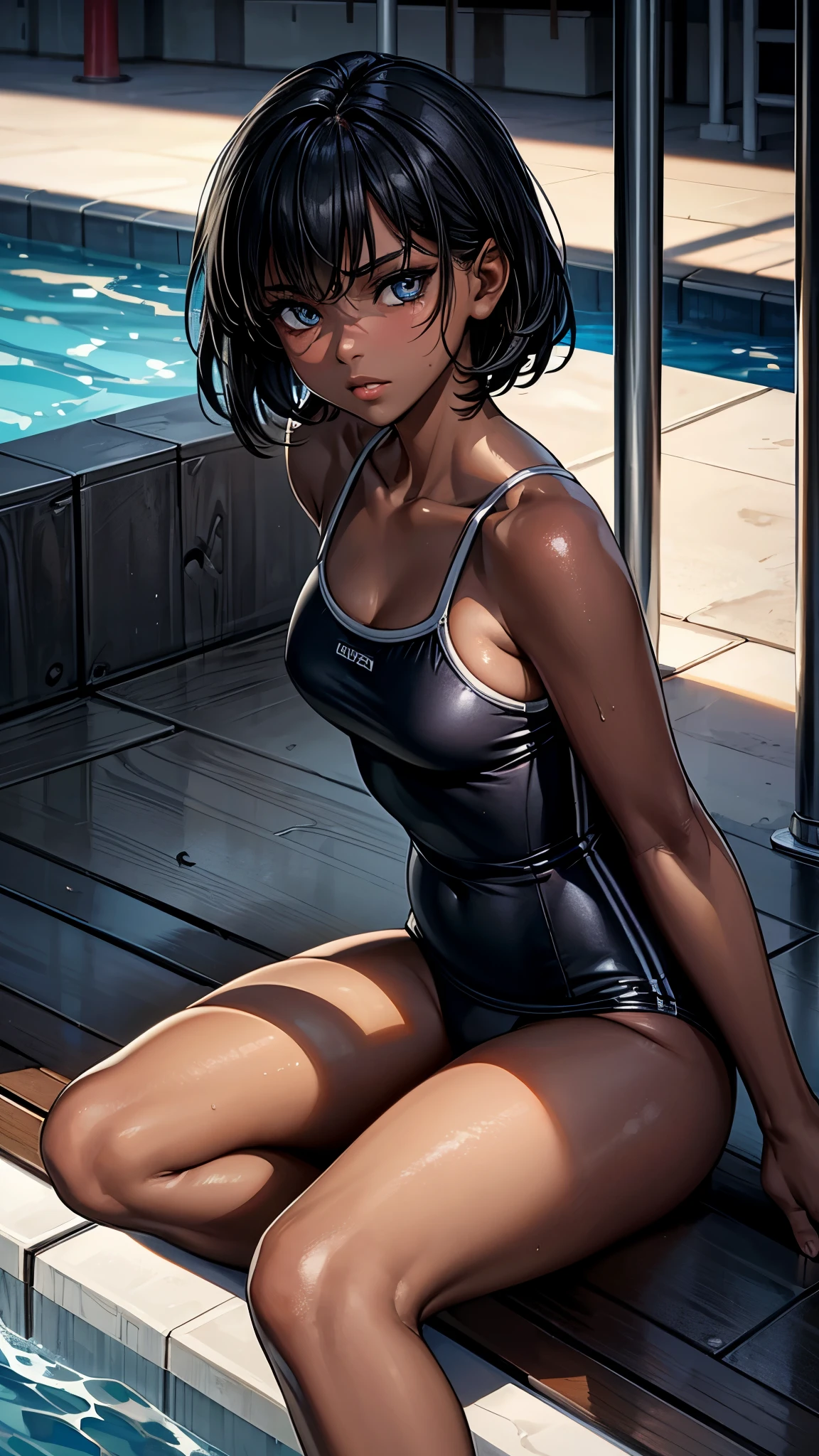 (From above2.0,from side),beautiful detailed eyes, beautiful detailed lips, extremely detailed eyes and face, longeyelashes, 1 girl, face close up, poolside,, sweat, dark skin color, (very short black hair),displeased, sulky, school swimsuit,dark blue color, school, sitting on the ground,spread legs,best quality, 4k, 8k, highres, masterpiece:1.2, ultra-detailed, realistic, photorealistic, photo-realistic:1.37, HDR, UHD, studio lighting, ultra-fine painting, sharp focus, physically-based rendering, extreme detail description, professional, vivid colors, bokeh, portraits