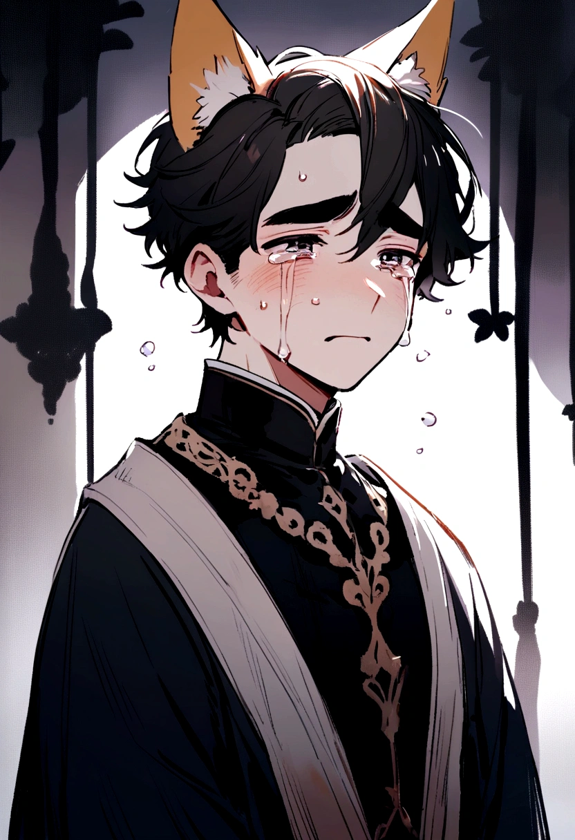 Man, thick eyebrows, handsome, short hair, fox ears, injured, cute, cry