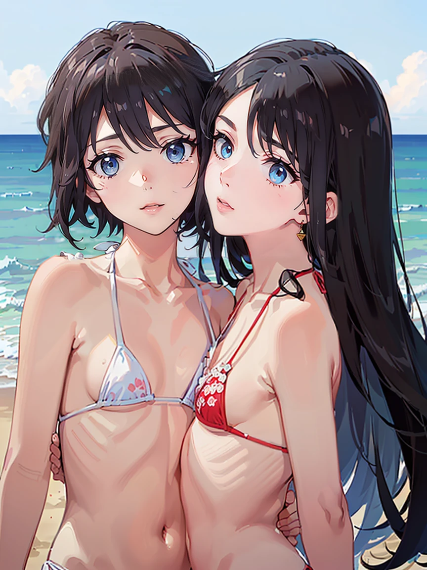 (((High resolution:1.5))), (((Very detailedな:1.5))), (((Two Girls:1.3))),((７Head to Body:1.3))、 (((beach,Outdoor、Midday light background)))、(((Happy expression))), (((smile:1.5)))、(((Beautiful and detailed eyes:1.3))), (((Very detailed))), (((Details face:1.5))), break ,sunny、((bikini:1.5)))、(((Very delicate body:1.5)))、(((Very flat chest:1.5)))、((Small waist))、Friendly atmosphere、(from side:1.2),(((Embrace:1.5)))、((Licking each other&#39;s bodies:1.5))、(((Full body shot:1.5)))、(((short hair)))、(((short hair)))、(((Short Ponytail))),Normal limbs、