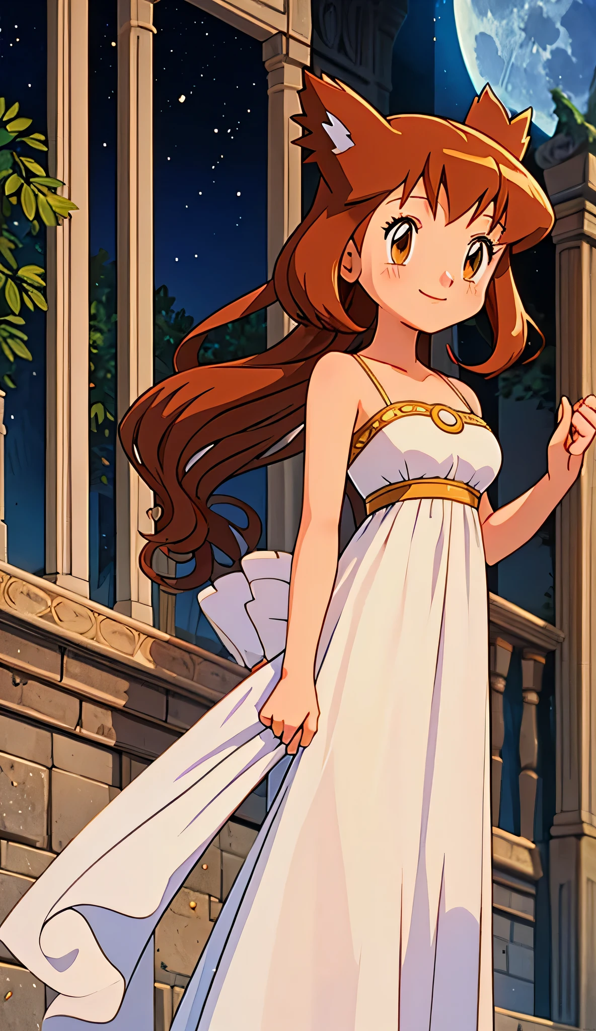 masterpiece, best quality, ultra-detailed, illustration, beautiful detailed eyes, very detailed illustration, cinematic lighting, 1 girl, solo, Pokemon Heroes (Bianca), Brown Hair, brown eyes, 1 girl, solo, princess serenity’s white maxi dress, full moon, mansion, anime screencap, high quality, light smile, standing, Looking at viewers
