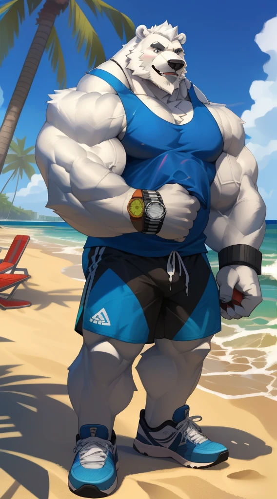 huge muscular polar bear in street city, big smile, polar bear, huge white fur, thick arm, huge arm, bearded. white hair and beard, bearded, (muscular, pectoral, wide pectoral, thick arms), beach, palm, realistic, 8k, masterpiece, (wearing blue gym shorts, wristbands, watch and blue tank top, gym shoes)