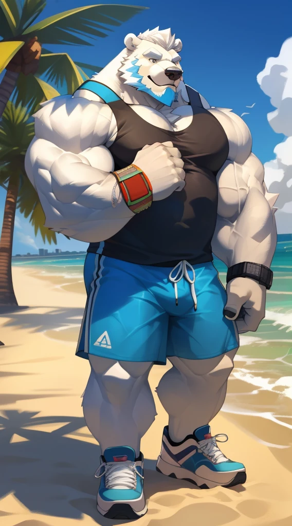huge muscular polar bear in street city, big smile, polar bear, huge white fur, thick arm, huge arm, bearded. white hair and beard, bearded, (muscular, pectoral, wide pectoral, thick arms), beach, palm, realistic, 8k, masterpiece, (wearing blue gym shorts, wristbands, watch and blue tank top, gym shoes)