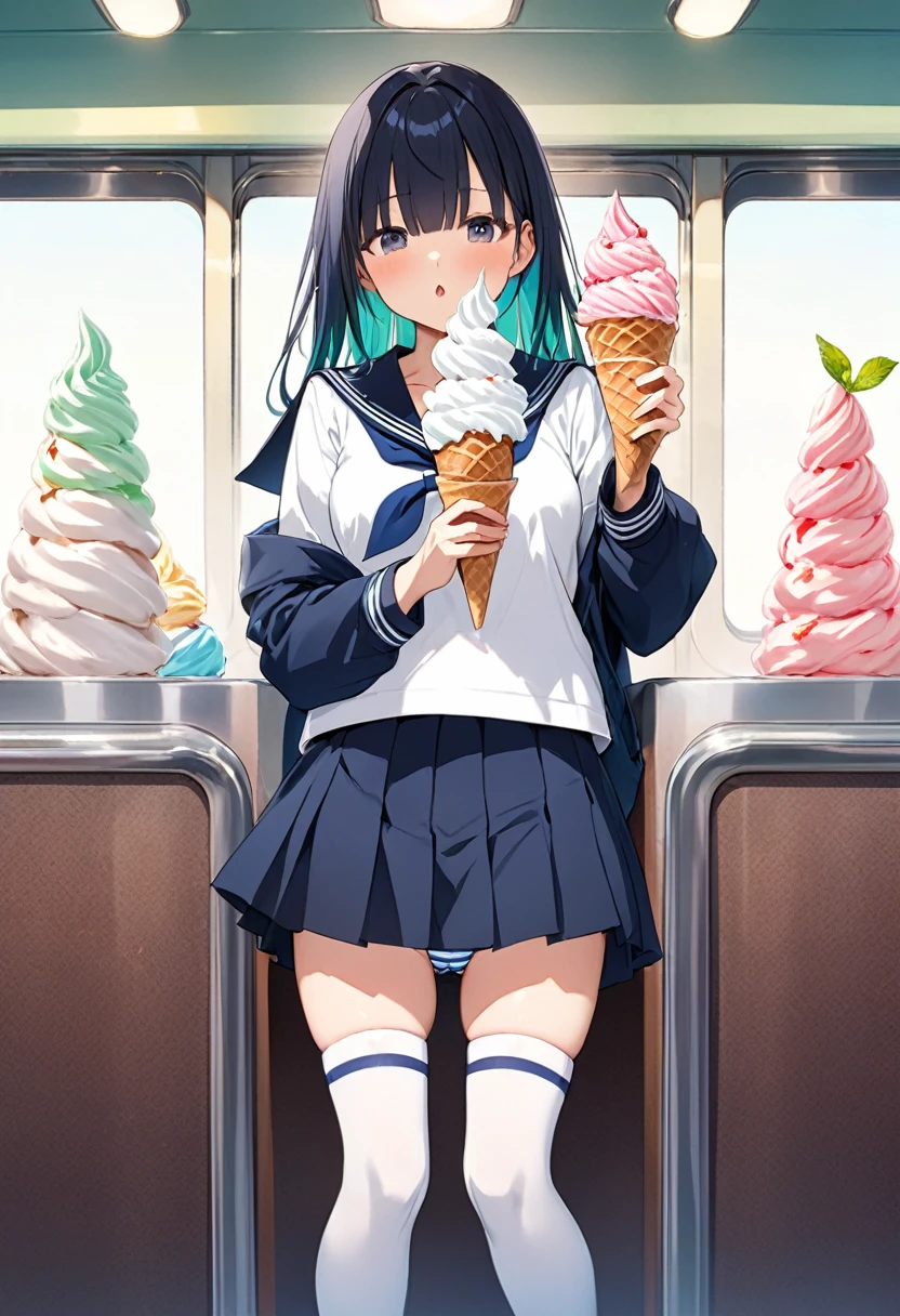 BREAK Perfect Anatomy、(High resolution:1.2)、Incredible illustrations、(Cute illustrations:1.2)、
(Beautiful background(on the train))
1little girl((multicolored hair,((bangs over eyes)))
1girl((a girl, 1.5meters, 35kg,18 years old female, ((serafuku, striped panties
,thigh-high socks, sneakers),tilting head(((eat soft serve ice cream)))