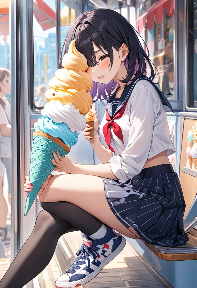 Little pretty girl、Putting ice cream in mouth
