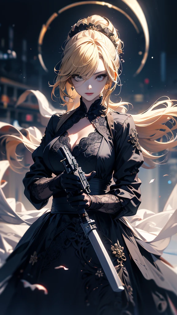 masterpiece, high quality, 4K, Beautiful design, silhouette，blonde， 非常に詳細な夜のStarry Sky,Flower Field， wonderful, Finer details,  Very knowledgeable woman, Highly detailed solo, 1 female,Big Breasts，Gothic Lolita Fashion，２Hold a gun in front of your chest.，Night view，Starry Sky，full moon，