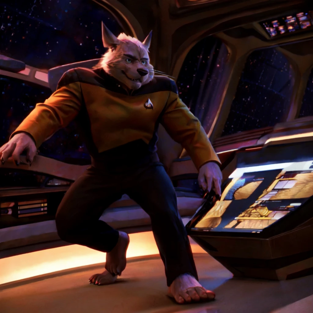 (((Barefoot furry character, full body, cinematic setting, furry male, plantigrade))) 

captain ((Totoro)), studio ghibili, furry, big, fat, whiskers, grey skin, claws,

exudes confidence and authority on starship bridge, wears star trek next generation security yellow uniform, ((s3stngunf uniform))) long black pants, muscular figure, dynamic pose, action expression

((Bridge of starship with many screens and consoles)), futuristic look, metalic, bright colors

BREAK, intricate details, highly detailed, extreme detail, octane render, fine art, best quality, highres, (detailed face:1.5), ((full_body)), UHD, (((perfect hands))), ((low light:1.5))