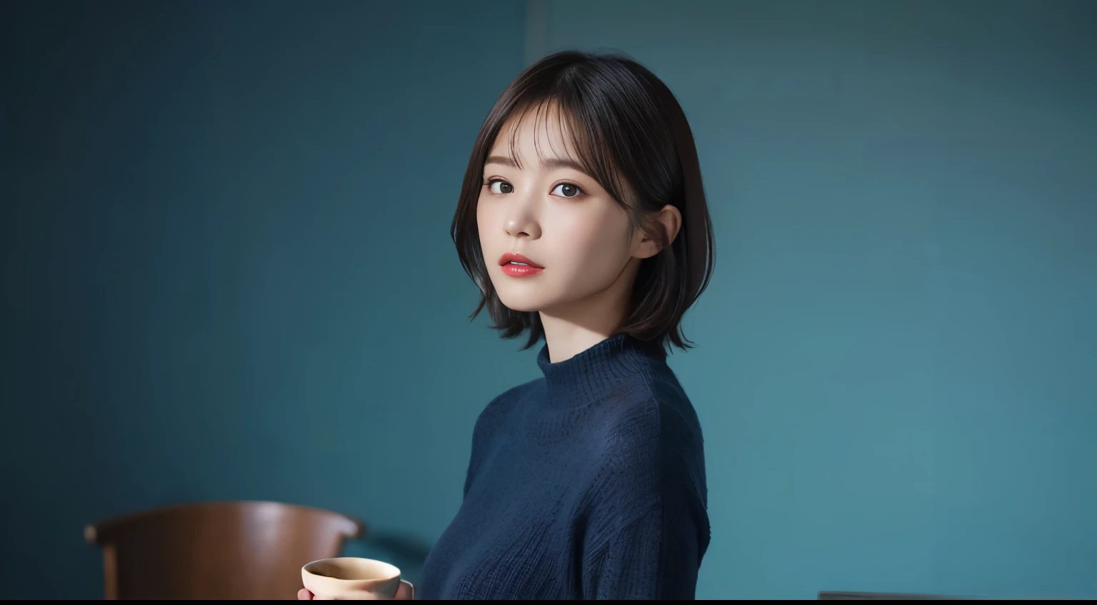 Photographed inside the cafe, Highest quality, (1 Female), Super detailed, In detail, High resolution, 8K quality, Perfect dynamic composition, Beautiful attention to detail, Natural Lip, Dark blue knit dress, Very short hair, Abstract background, Embarrassment