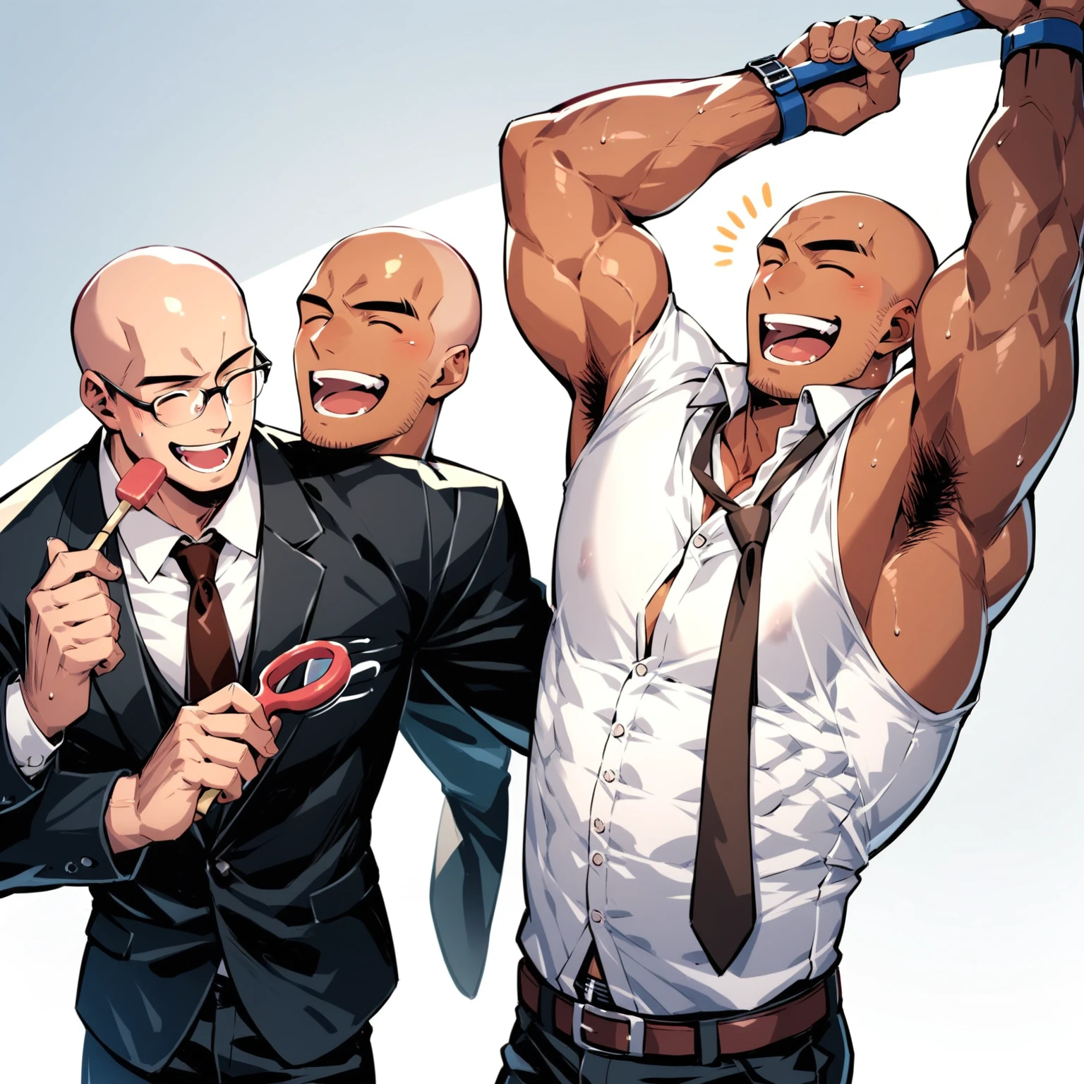 anime, handsome muscular blonde man wearing glasses and a white shirt and brown tie,  laughing, brushing,hands above head and held by two muscular men,tickled armpits by  two muscular bald men wearing black suits standing behind him and looking at him with seriousness, office background