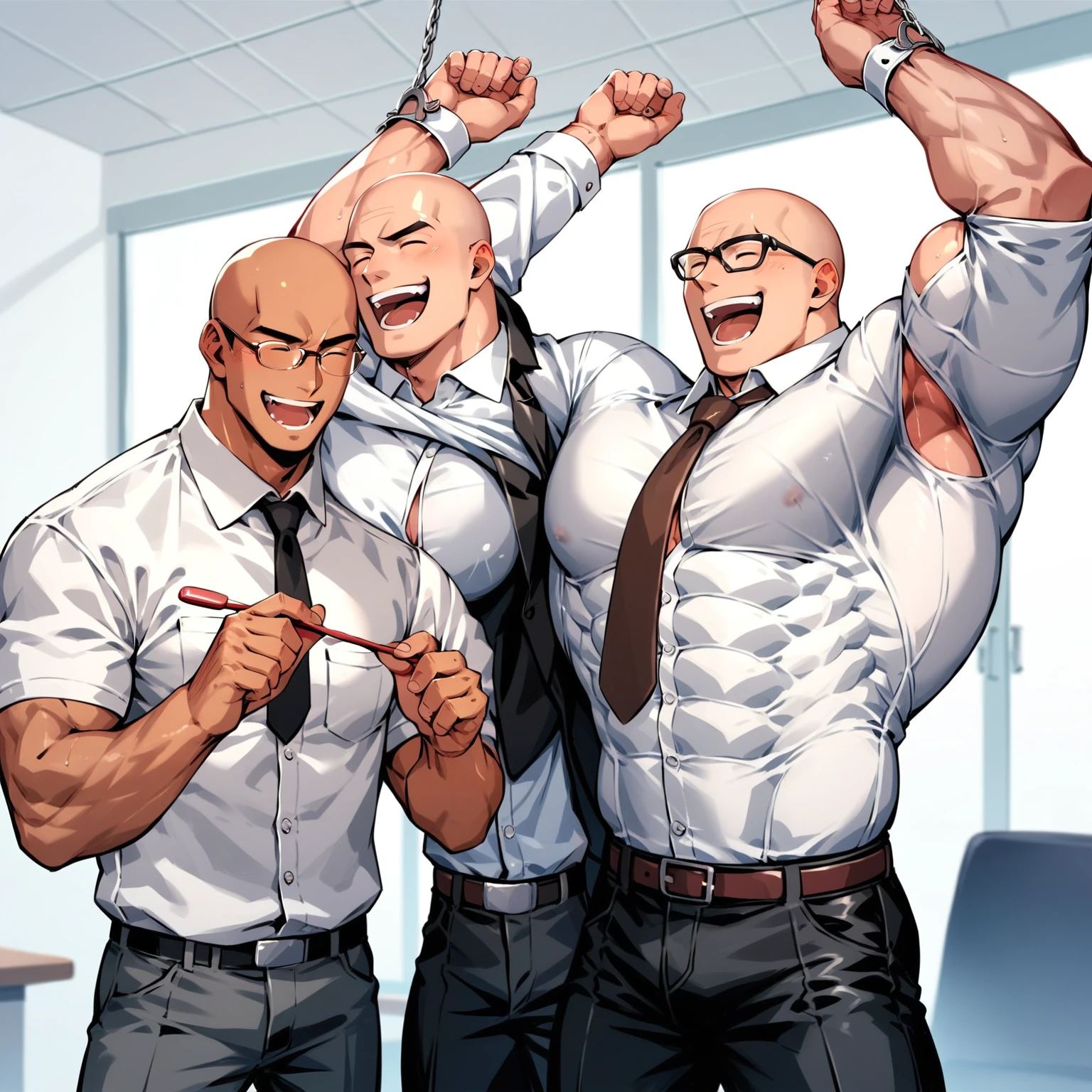 anime, handsome muscular blonde man wearing glasses and a white shirt and brown tie,  laughing, brushing,hands above head and held by two muscular men,tickled armpits by  two muscular bald men wearing black suits standing behind him and looking at him with seriousness, office background