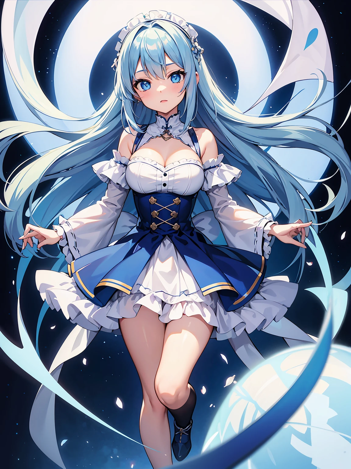 masterpiece,high quality,(full body 1.2),animated standing portrait, white cape and blue shirt,(blue hair 1.4),anime girl with long blue hair and blue eyes,(detailed eyes 1.6),(clear eyes 1.4),(beautiful eyes 1.4),(shining eyes 1.4),white cyan, from arc knights, blue hair, shining blue eyes, blue eyes, detailed key animated art, animated portrait, shining blue eyes, Pixiv digital art, blue haired girl, blue white hair, frilly skirt, thighs, 4K