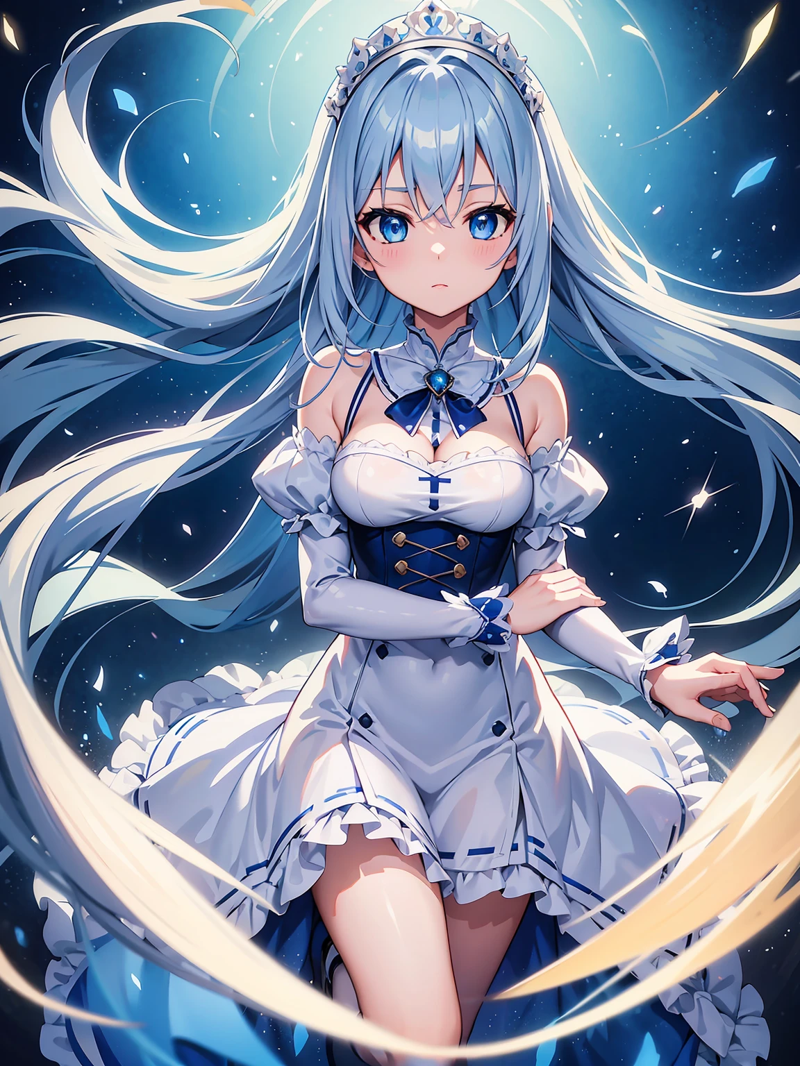 masterpiece,high quality,(full body 1.2),animated standing portrait, white cape and blue shirt,(blue hair 1.4),anime girl with long blue hair and blue eyes,(detailed eyes 1.6),(clear eyes 1.4),(beautiful eyes 1.4),(shining eyes 1.4),white cyan, from arc knights, blue hair, shining blue eyes, blue eyes, detailed key animated art, animated portrait, shining blue eyes, Pixiv digital art, blue haired girl, blue white hair, frilly skirt, thighs, 4K