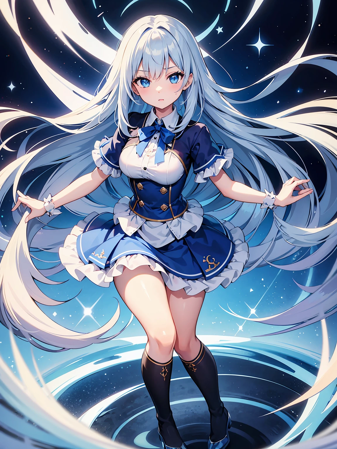 masterpiece,high quality,(full body 1.2),animated standing portrait, white cape and blue shirt,(blue hair 1.4),anime girl with long blue hair and blue eyes,(detailed eyes 1.6),(clear eyes 1.4),(beautiful eyes 1.4),(shining eyes 1.4),white cyan, from arc knights, blue hair, shining blue eyes, blue eyes, detailed key animated art, animated portrait, shining blue eyes, Pixiv digital art, blue haired girl, blue white hair, frilly skirt, thighs, 4K