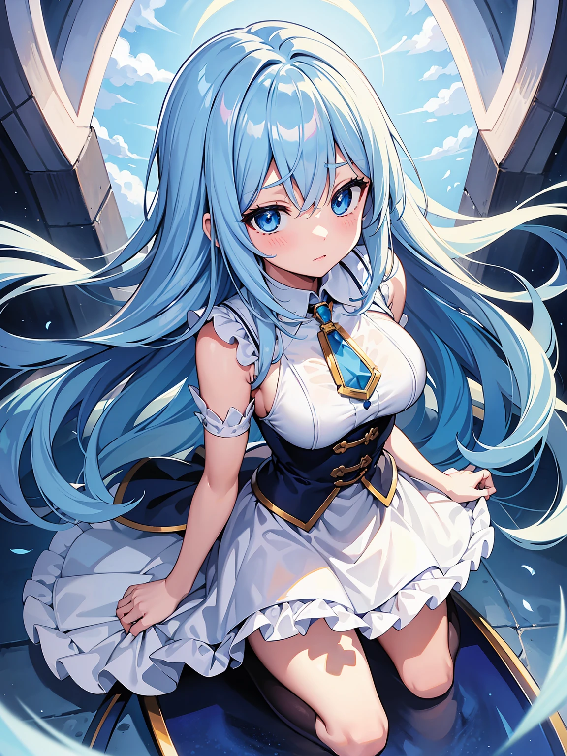 masterpiece,high quality,(full body 1.2),animated standing portrait, white cape and blue shirt,(blue hair 1.4),anime girl with long blue hair and blue eyes,(detailed eyes 1.6),(clear eyes 1.4),(beautiful eyes 1.4),(shining eyes 1.4),white cyan, from arc knights, blue hair, shining blue eyes, blue eyes, detailed key animated art, animated portrait, shining blue eyes, Pixiv digital art, blue haired girl, blue white hair, frilly skirt, thighs, 4K