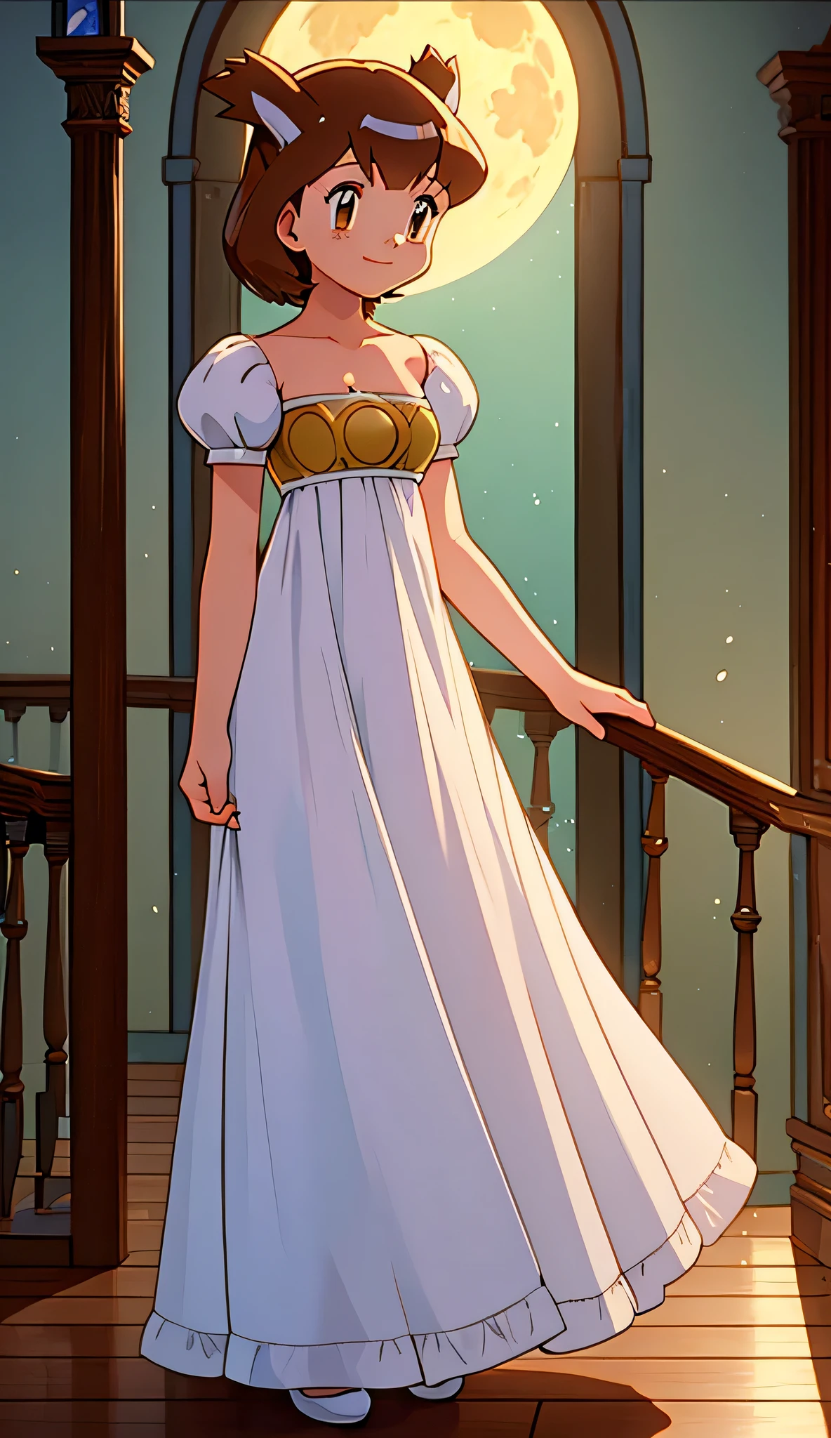 masterpiece, best quality, ultra-detailed, illustration, beautiful detailed eyes, very detailed illustration, cinematic lighting, 1 girl, solo, Pokemon Heroes (Bianca), Brown Hair, brown eyes, 1 girl, solo, princess serenity’s white maxi dress, full moon, mansion, anime screencap, high quality, light smile, standing, Looking at viewers
