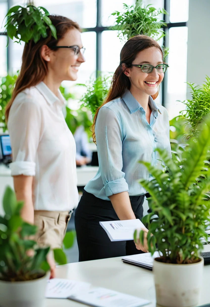 An image that encourages people to send resumes to my company, a vibrant scene of a modern office with happy and engaged employees, glass walls, green plants, abundant natural light, a welcoming and inspiring environment that emanates productivity and collaboration, Realistic photography, captured with a 50mm f/1.8 lens for a soft bokeh effect, --ar 16:9 --v 5