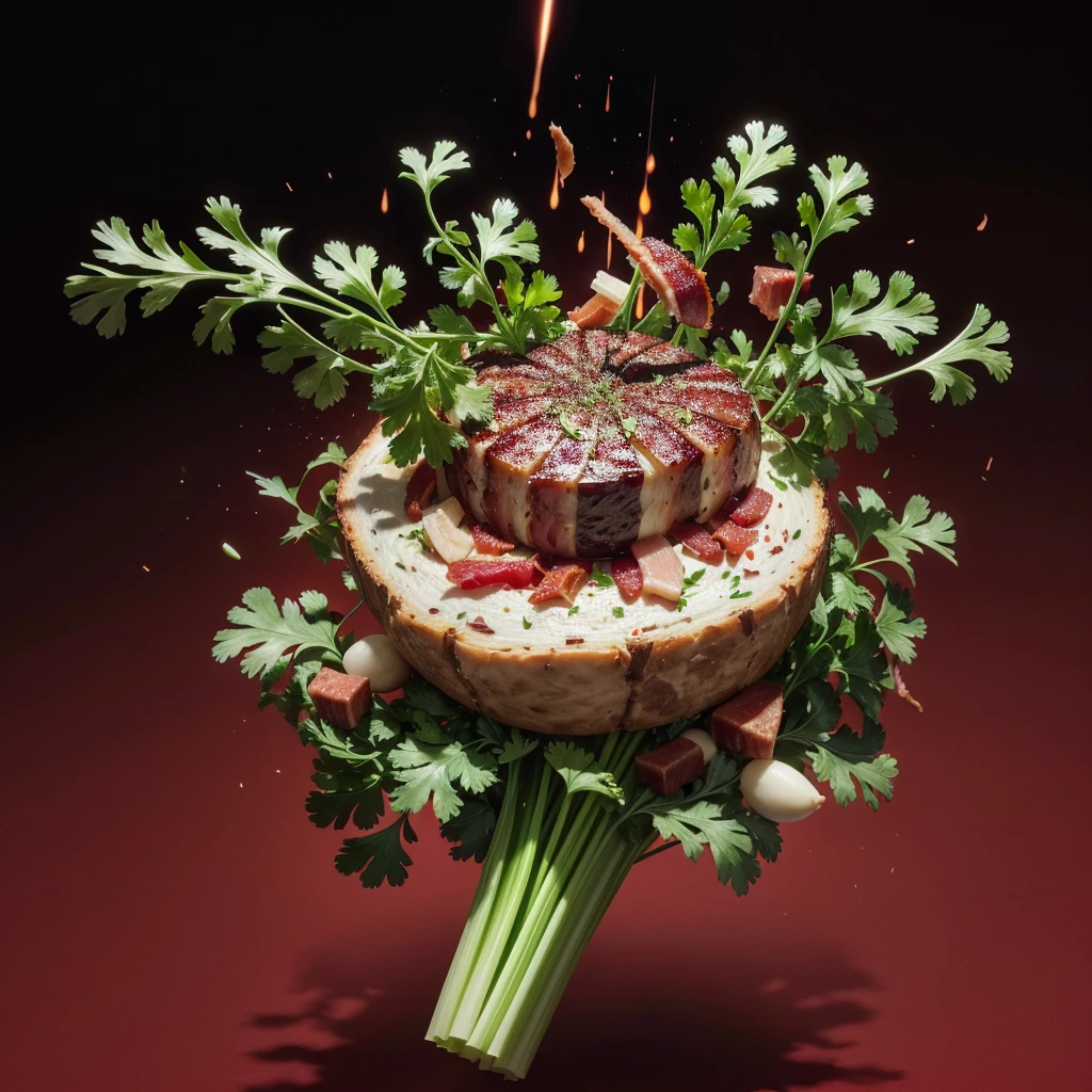 chaotic explosion of Fresh celery parts and parsley leaves, bacon slices, cooked meat and black peppercorns in mid-air on a vibrant red background, cinematic lighting, UHD, 8k
