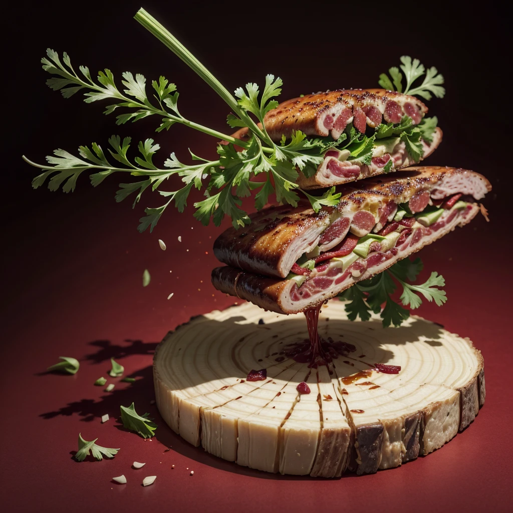 chaotic explosion of Fresh celery parts and parsley leaves, bacon slices, cooked meat and black peppercorns in mid-air on a vibrant red background, cinematic lighting, UHD, 8k