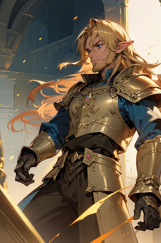 masterpiece, best quality, ultra high resolution, 1man, elven armor, male, fantasy illustration, elf, pointy ears, (old man), art by Kinema Citrus, (dark blonde hair), blue eyes, wrinkles, brownish blonde hair, perfect eyes, beard