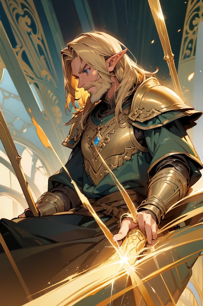masterpiece, best quality, ultra high resolution, 1man, elven armor, male, fantasy illustration, elf, pointy ears, (old man), art by Kinema Citrus, (dark blonde hair), blue eyes, wrinkles, brownish blonde hair, perfect eyes, beard