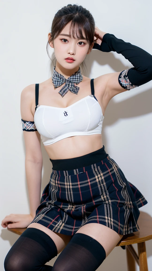 (8K), (Highest quality: 1.2), (Realistic), (Realistic: 1.37), Ultra-high resolution, 1 Girl, cute, Angry face, Mouth closed, Beautiful details, Beautiful Nose,Beautiful Hair,ponytail,Thighs,White bra,Pleated skirt,School,Cherry tree in full bloom,(The skirt has a dark blue tartan check pattern..:1.3),(The check pattern on the skirt is a little thin..:1.2),(Opaque black thigh-high socks:1.4) ,Thighsにクローズアップ,avert your eyes,