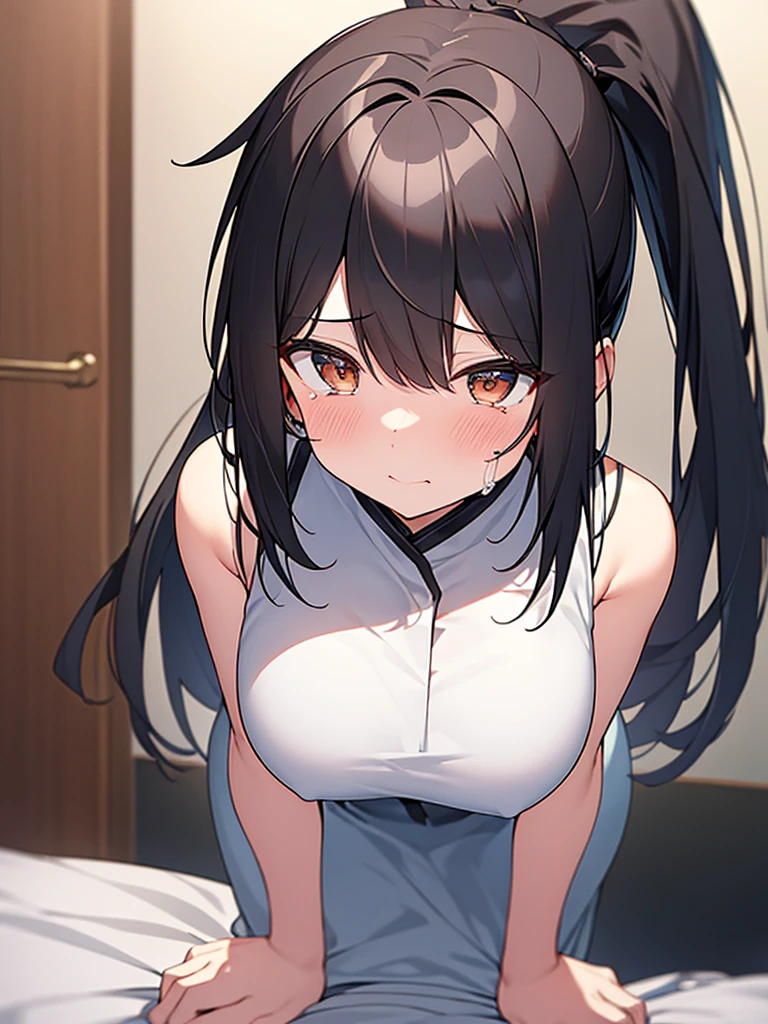 Composition seen from obliquely below:1.3、The young wife is a former student council president、NSFW:1.3、28-year-old female、Having sex:1.9. Chin Chin:1.3 Tears of Despair:1.3. Naked:1.3. Blushed cheeks:1.3 Humiliation:1.3 Glaring Black Hair Long Ponytail:1.3. On the White Bed:1.3,(Slit eyes、Brown eyes、tall、Big breasts)