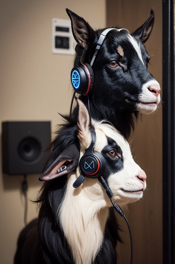 Black goat listening to sound on headphones