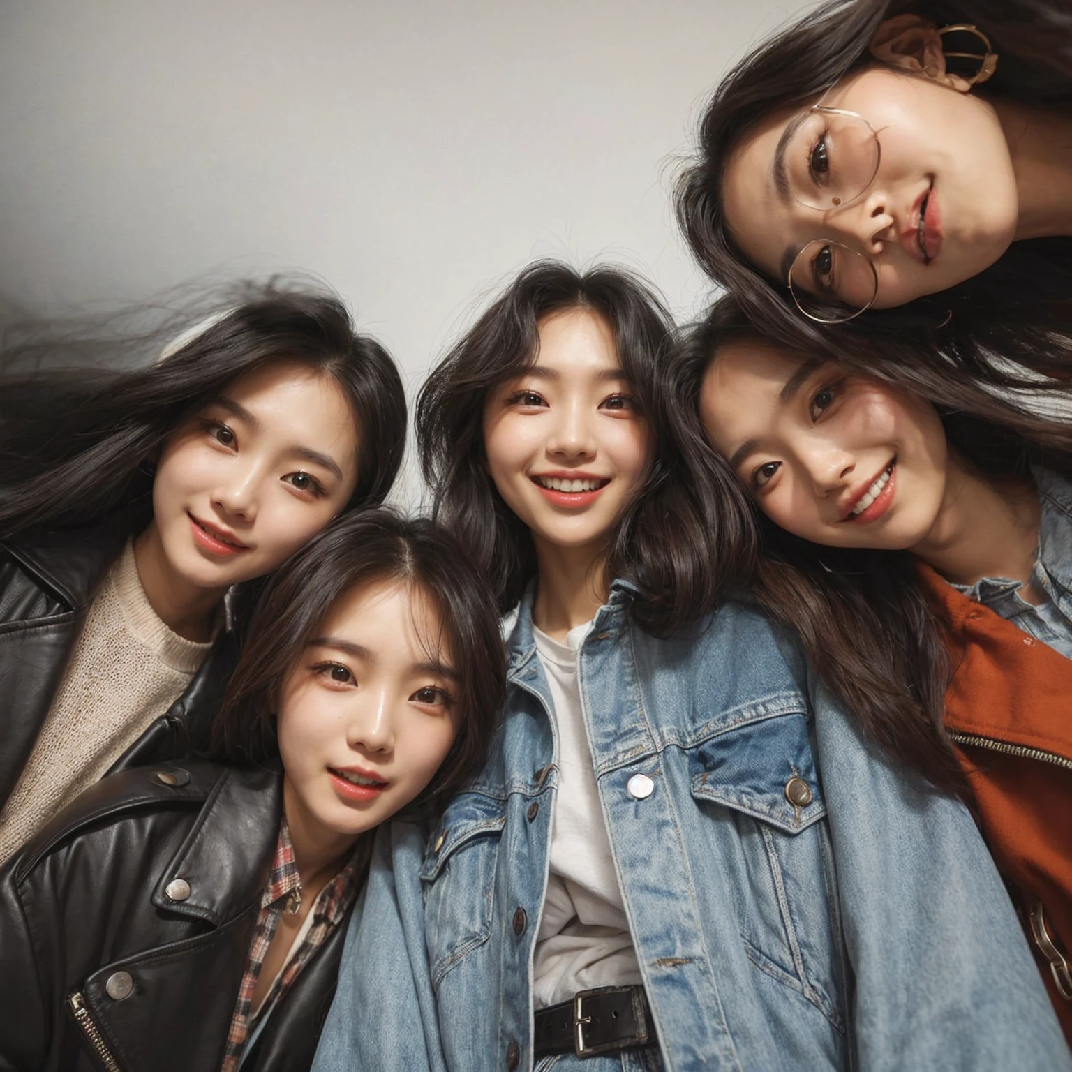a group of Five young korean woman looking down at the camera in a playful and engaging manner. They are standing close together, forming a circle, and each person is dressed in stylish, casual outfits with a mix of denim jackets, leather jackets, and accessories like a beanie. The friends are smiling and making expressive faces, capturing a moment of camaraderie and fun. The background is minimal, focusing the attention on the group's interaction and their lively expressions