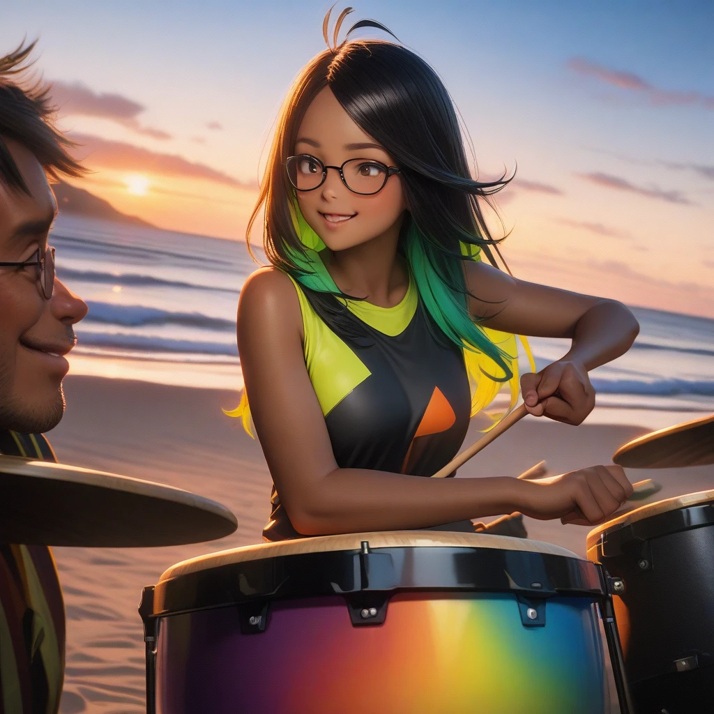 (masterpiece, photo_real, official_art, octane-render):1.21, multi-exposure prism, strobe ripple effect, BREAK, Reunion of the three, (1 Japanese_male, 1 girl, and another 1girl):1.21, BREAK, 1 Japanese male is (dark tan skin:1.1), dark-skinned male, (Detailed brown eyes, glasses), (handsome face, with stubble):1.1, (Detailed black-hair, super very short hair, right flaring bangs):1.21, BREAK, 1 girl is (jet-black long hair, colored inner green hair, split-color hair):1.21, antenna hair, (great smile, emphasis of facial expressions), BREAK, another 1 girl is (detailed brown eyes, jet-black hair,colored inner orange ombre hair multicolored hair):1.21, curly, great smile, ((playing percussion, bongo)), background ipanema beach,