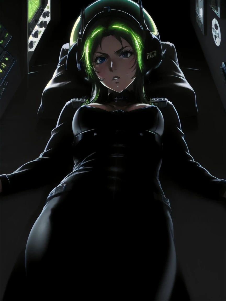 ((gothic vampire piloting in gothic spacecraft)), (((retro anime))), (from below), ((120 fov)), ((((gothic))) control panels), ((mature)), (((gothic))), iridescent bodysuit, ((lace accessories)), ((pilot seat)), ((((lying back)) pose)), ((elegant)), (((serious tone))), ((cockpit top control panel)), intricate control panel details, (close-up), 1990s (style), [blushing], [sweat], masterpiece, ((claustrophobic)), sparkles, best quality, screens, ((pilot helmet)), ((hands on controls)), night, (cockpit lights)