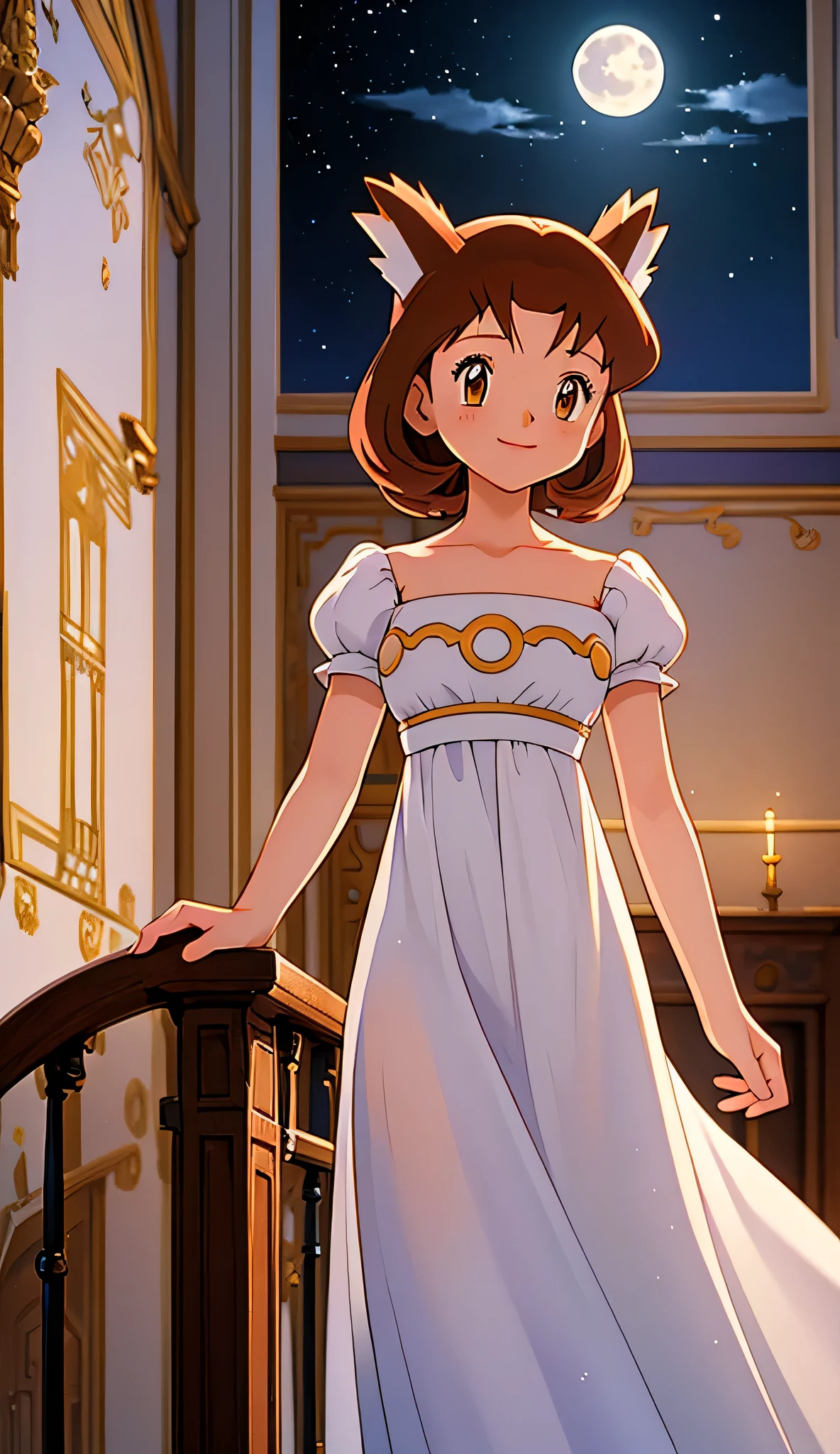 masterpiece, best quality, ultra-detailed, illustration, beautiful detailed eyes, very detailed illustration, cinematic lighting, 1 girl, solo, Pokemon Heroes (Bianca), Brown Hair, brown eyes, 1 girl, solo, princess serenity’s white maxi dress, full moon, mansion, anime screencap, high quality, light smile, standing, Looking at viewers
